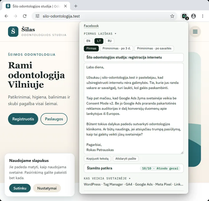 Pirmas laiškas parašomas pagal radinius ir pasirašomas jūsų vardu.