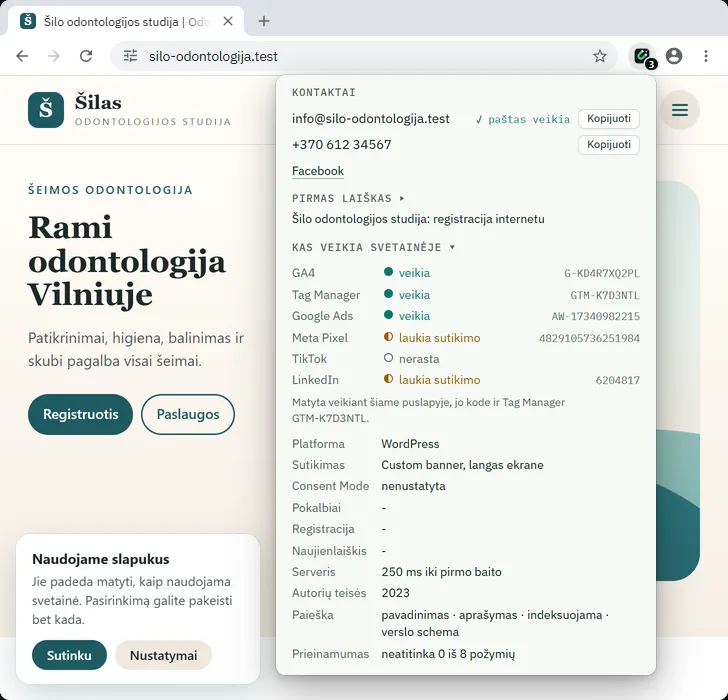 Žymų sąrašas: kas veikia, kas laukia sutikimo, kas nerasta.